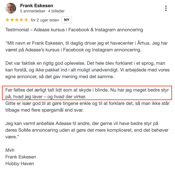 Kundeanbefaling af Meta annonceringskursus fra Frank Hobby Haven