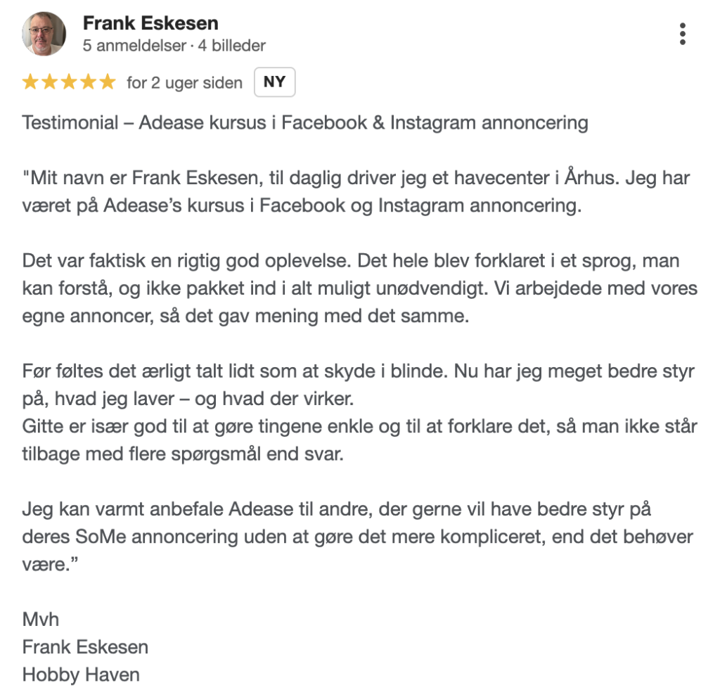 anbefaling af Meta annoncekursus fra Frank, Hobby haven
