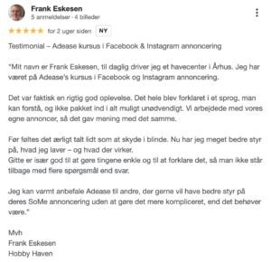 anbefaling af Meta annoncekursus fra Frank, Hobby haven