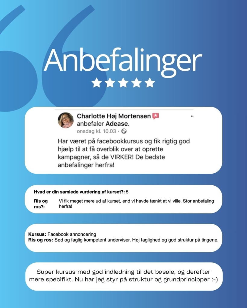 Anbefalinger af Facebook annoncerings kursus. Din simple men sikre guide til at skabe resultater med din Facebook og Instagram annoncer