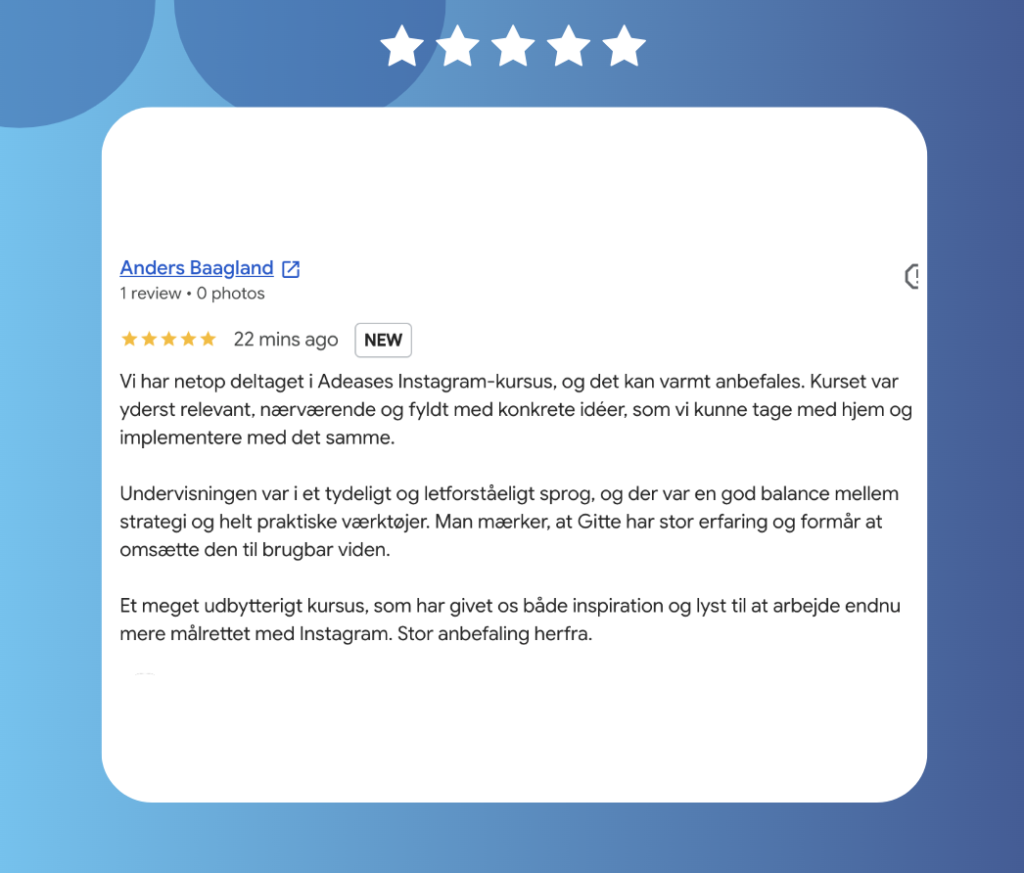 Anbefaling af Instagram markedsførings kursus fra Anders / Middelfart Handel Anbefaling af Instagram markedsførings kursus fra Anders / Middelfart Handel