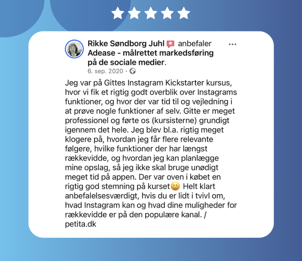 Rikke Søndborgs anbefaling af Adease Instagram kursus Rikke Søndborgs anbefaling af Adease Instagram kursus
