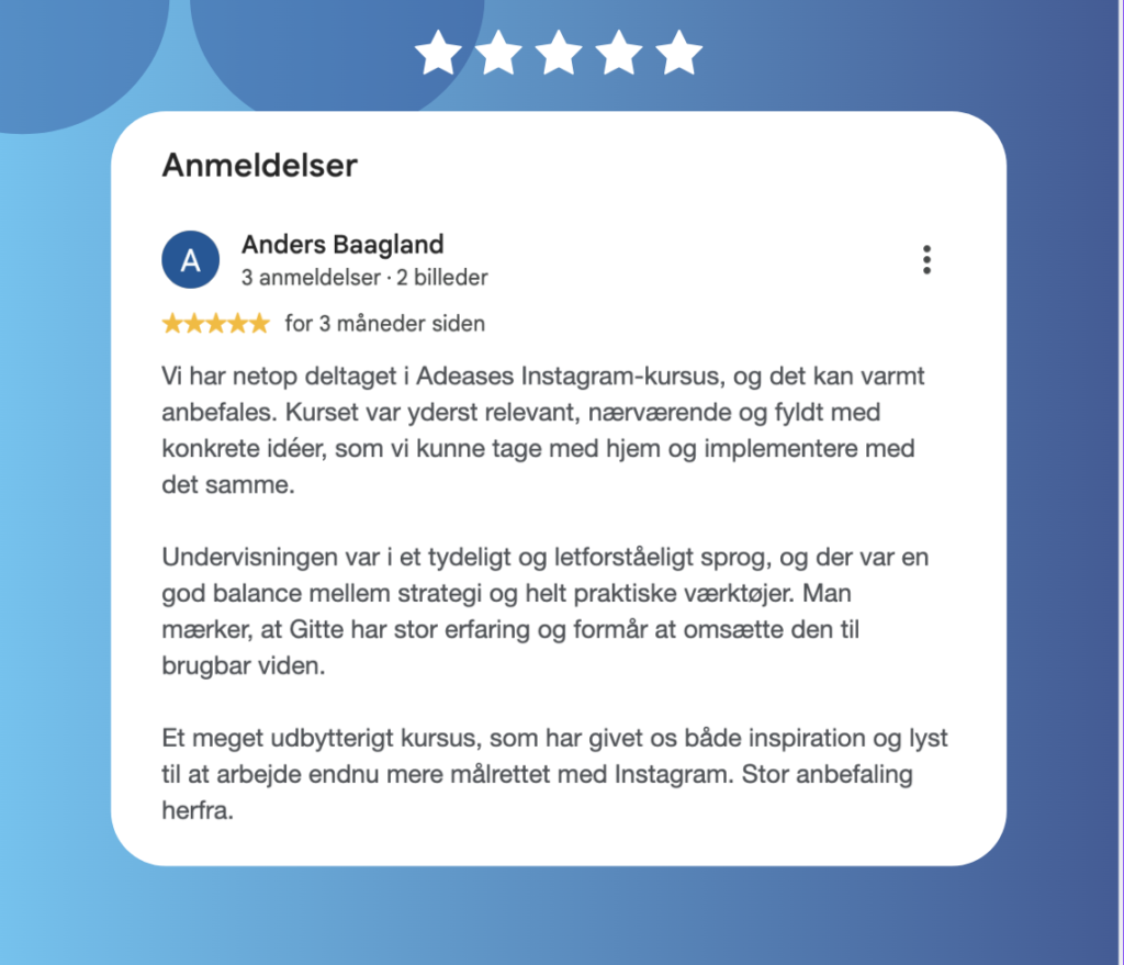 Anbefaling af Instagram kurset fra Anders, Middelfart Handel